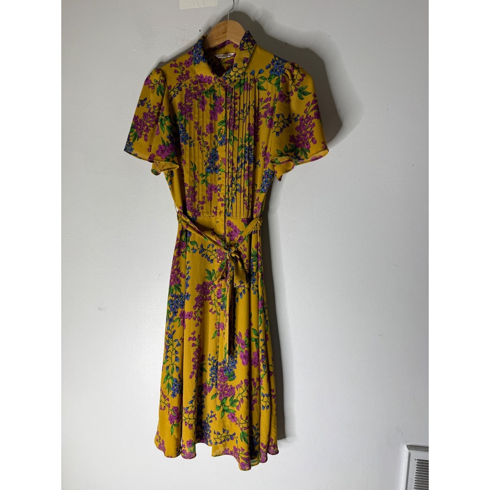Nanette Lepore yellow floral flutter sleeve pintuck button down dress‎ belt 6